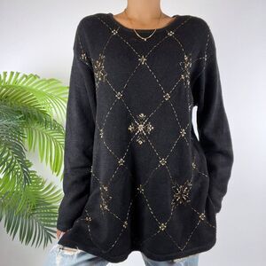 Women's Vintage 90s Black Retro Whimsygoth Cottagecore Grandma Knit Sweater / XL